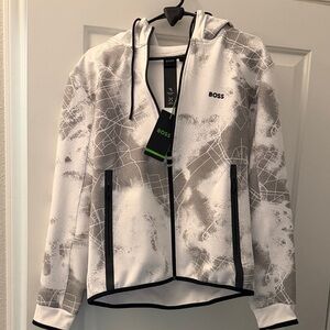 Boss White and Black Patterned Hooded Zip Jacket